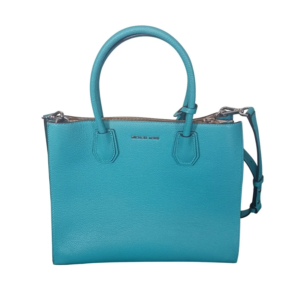 Michael Kors Mercer Large Pebbled Leather Convertible Tote Crossbody Aqua Blue